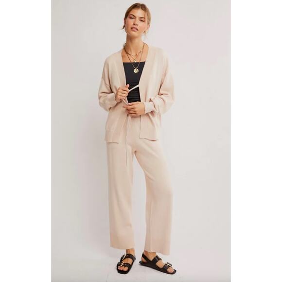 NEW Free People Solar Sweater Set Size Large Tan Sand Dollar Wide Leg Cardigan - Picture 4 of 14